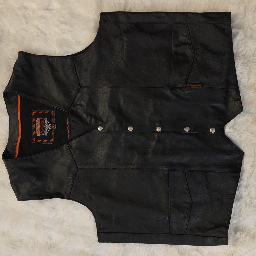 Interstate Leather Black Full Snap Tuxedo Vest Mens XXXLT Motorcycle Biker VGUC